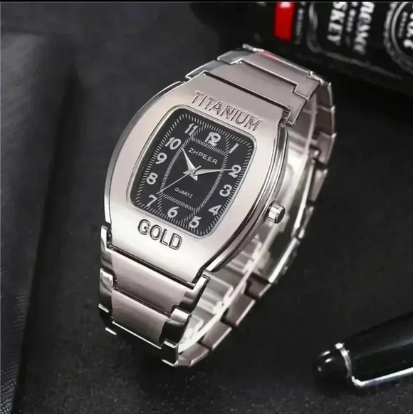 Men's Barrel-shaped Square Bezel Business Casual Quartz Watch + 1 Alloy Bracelet - Picture 2 of 4